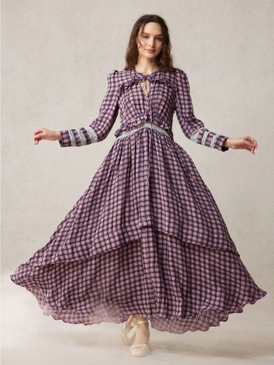 Linennaive Dresses & Skirts - Plaid Tiered Maxi Dress with Tie-Neck in Purple